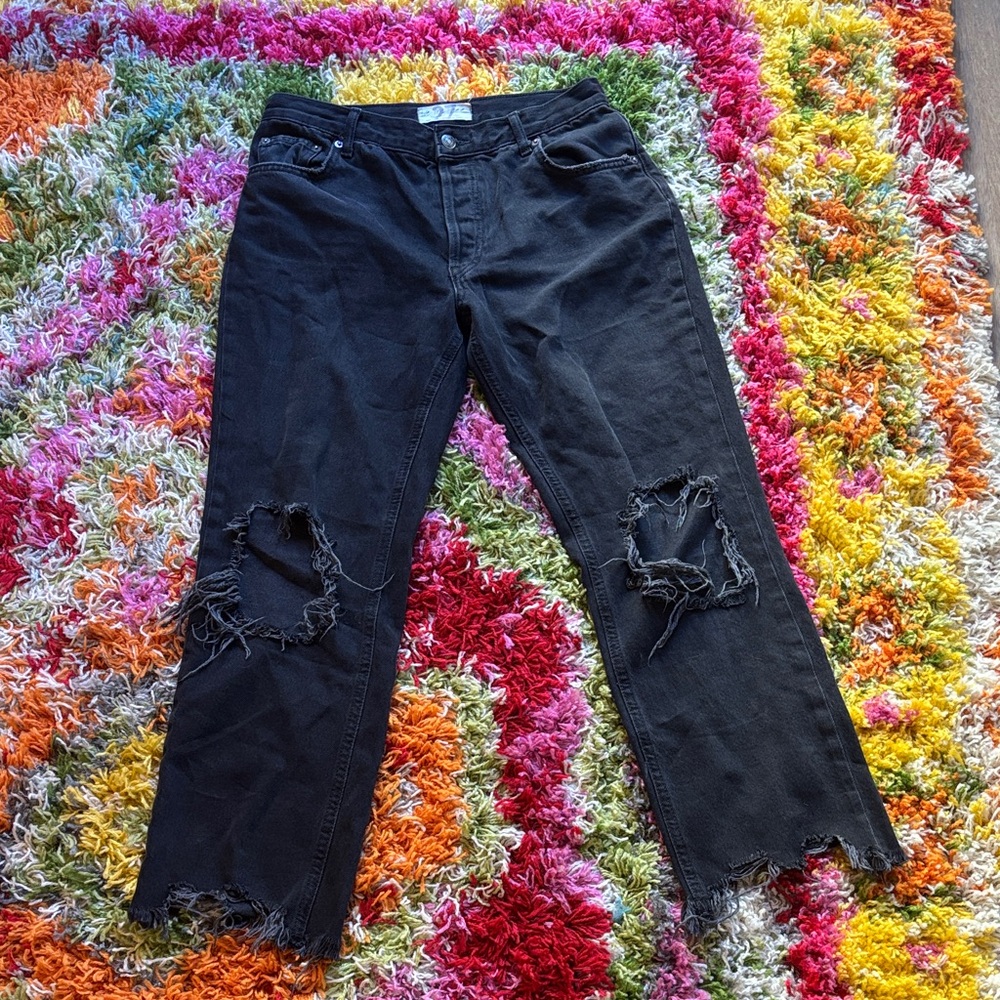Free People Low Rise Black Distressed Straight Leg Jeans